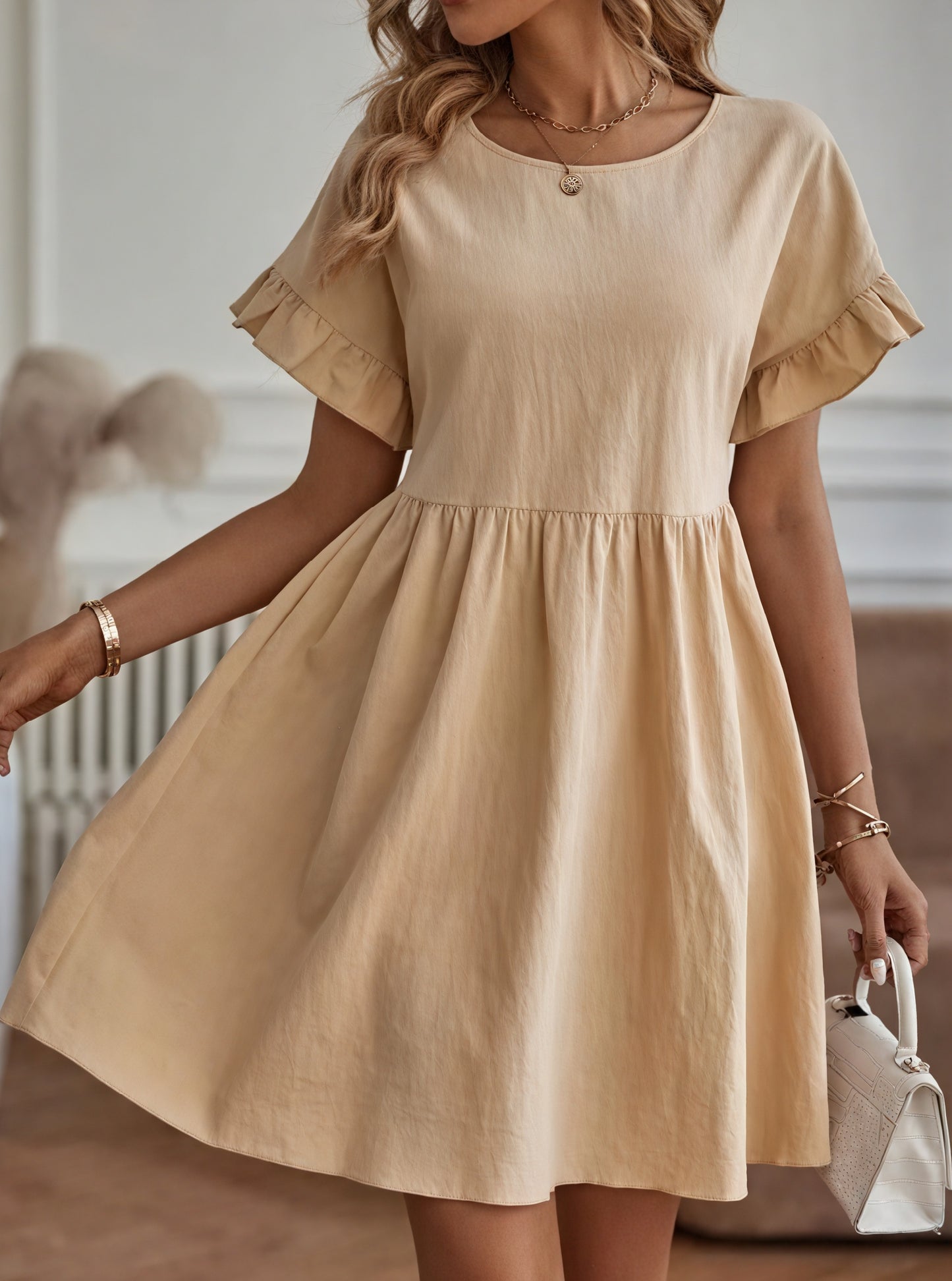 Women's A-Line Dress – Ruffle Short Sleeve, Gathered Waist, Casual Style-82588-01110920-9c12-493d-b324-a35125b0d62b