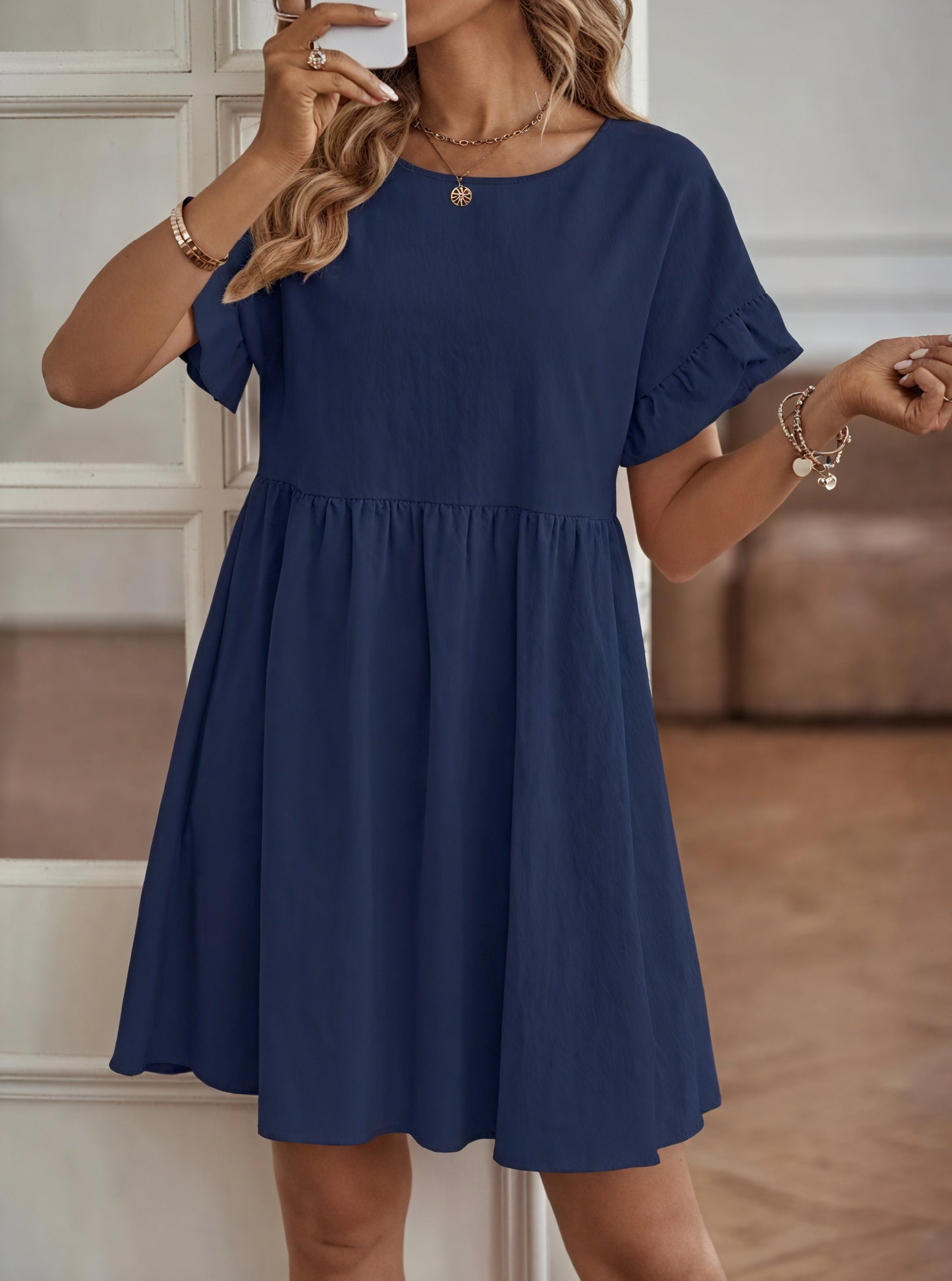 Women's A-Line Dress – Ruffle Short Sleeve, Gathered Waist, Casual Style-82588-498a67a5-8287-42ae-9126-be9a83149d38