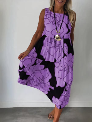 Women's Midi Dress – Sleeveless Tiered Floral Print, Bohemian Style, Lightweight Fabric, Sydney Wardrobe-82642-68290459-43b1-4807-a2f9-57cd70182900