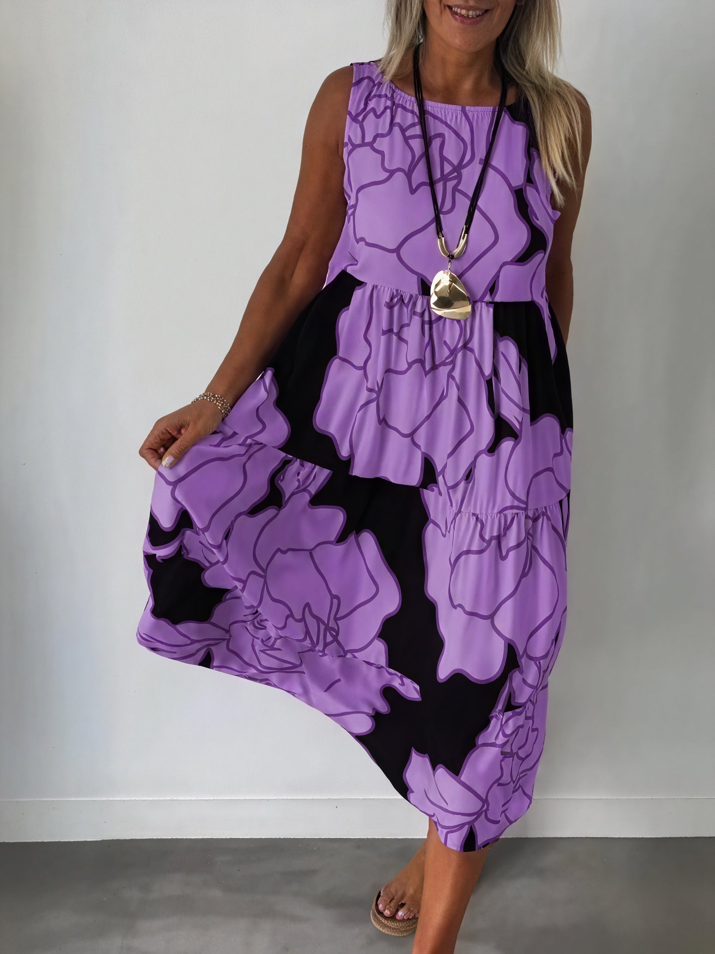 Women's Midi Dress – Sleeveless Tiered Floral Print, Bohemian Style, Lightweight Fabric, Sydney Wardrobe-82642-68290459-43b1-4807-a2f9-57cd70182900