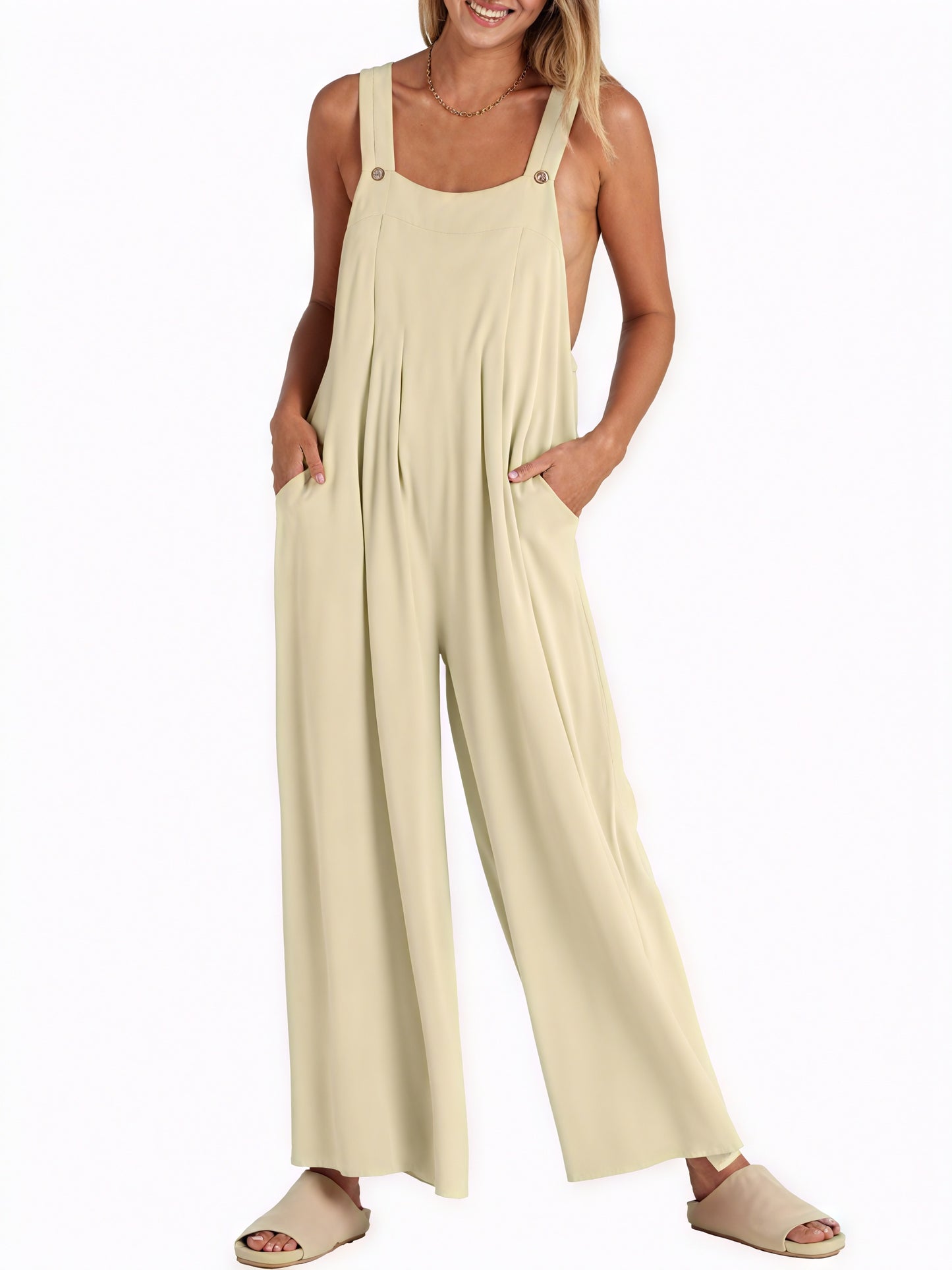 Women's Wide-Leg Jumpsuit – Sleeveless, Buttoned Straps, Pockets, Lightweight Blend, Bohemian Style-82694-2c6847ee-94d0-4ffc-b973-cc0a25362cc3