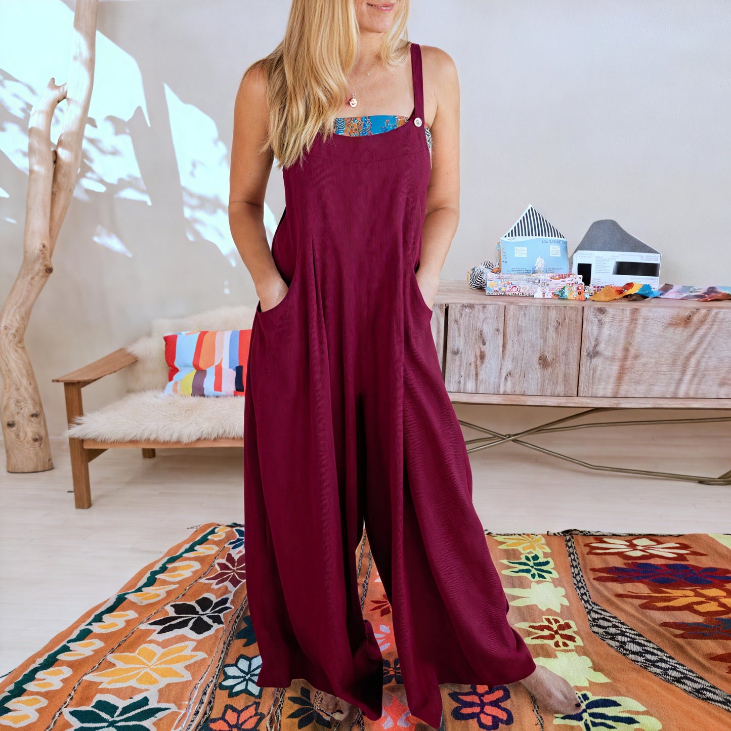 Women's Wide-Leg Jumpsuit – Sleeveless, Buttoned Straps, Pockets, Lightweight Blend, Bohemian Style-82694-3860e718-60b1-4095-9105-8330eaf30263