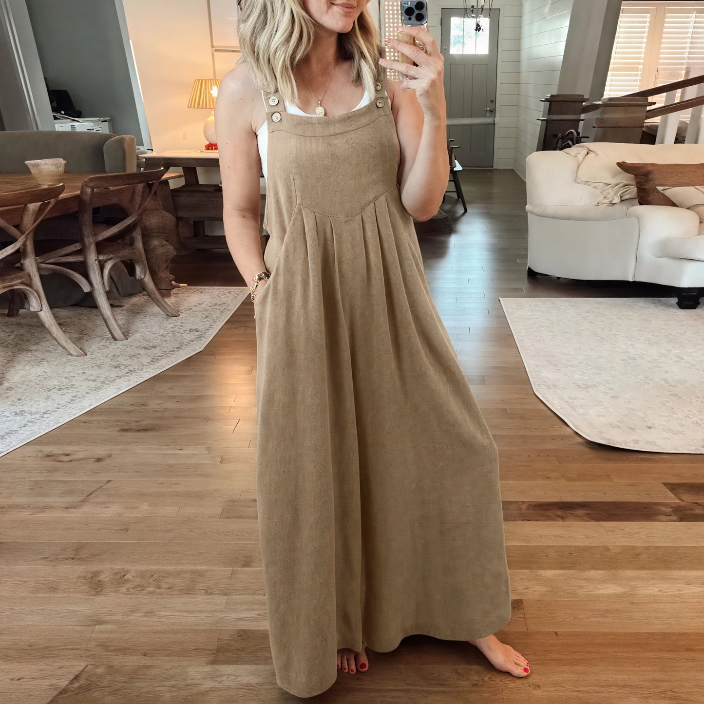 Women's Wide-Leg Jumpsuit – Sleeveless, Buttoned Straps, Pockets, Lightweight Blend, Bohemian Style-82694-5723d5aa-2dde-43b3-aafb-063806bbd035