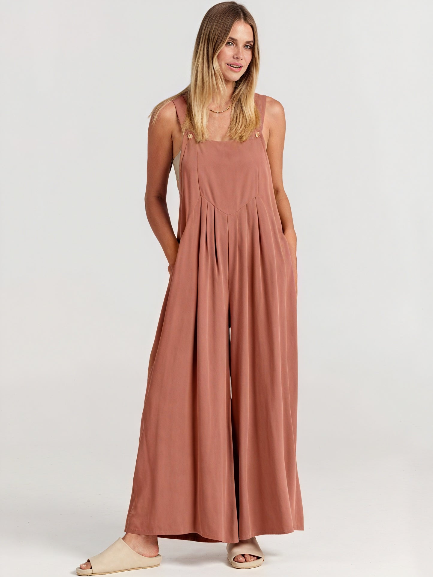 Women's Wide-Leg Jumpsuit – Sleeveless, Buttoned Straps, Pockets, Lightweight Blend, Bohemian Style-82694-03a2730f-1f88-4118-b40a-1acad5ef4f25