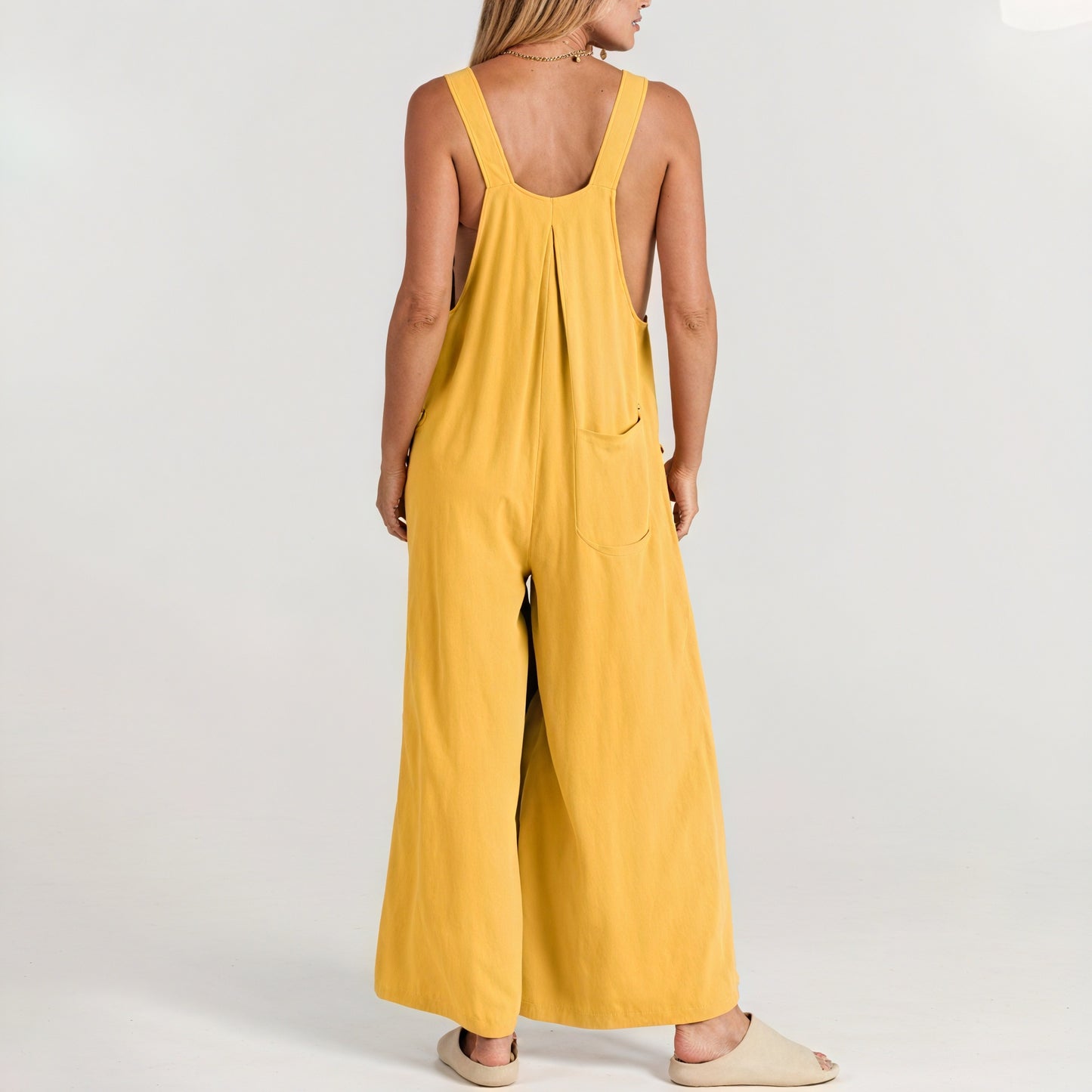 Women's Wide-Leg Jumpsuit – Sleeveless, Buttoned Straps, Pockets, Lightweight Blend, Bohemian Style-82694-3621130b-152c-4d03-93f1-7d722a74f5b7