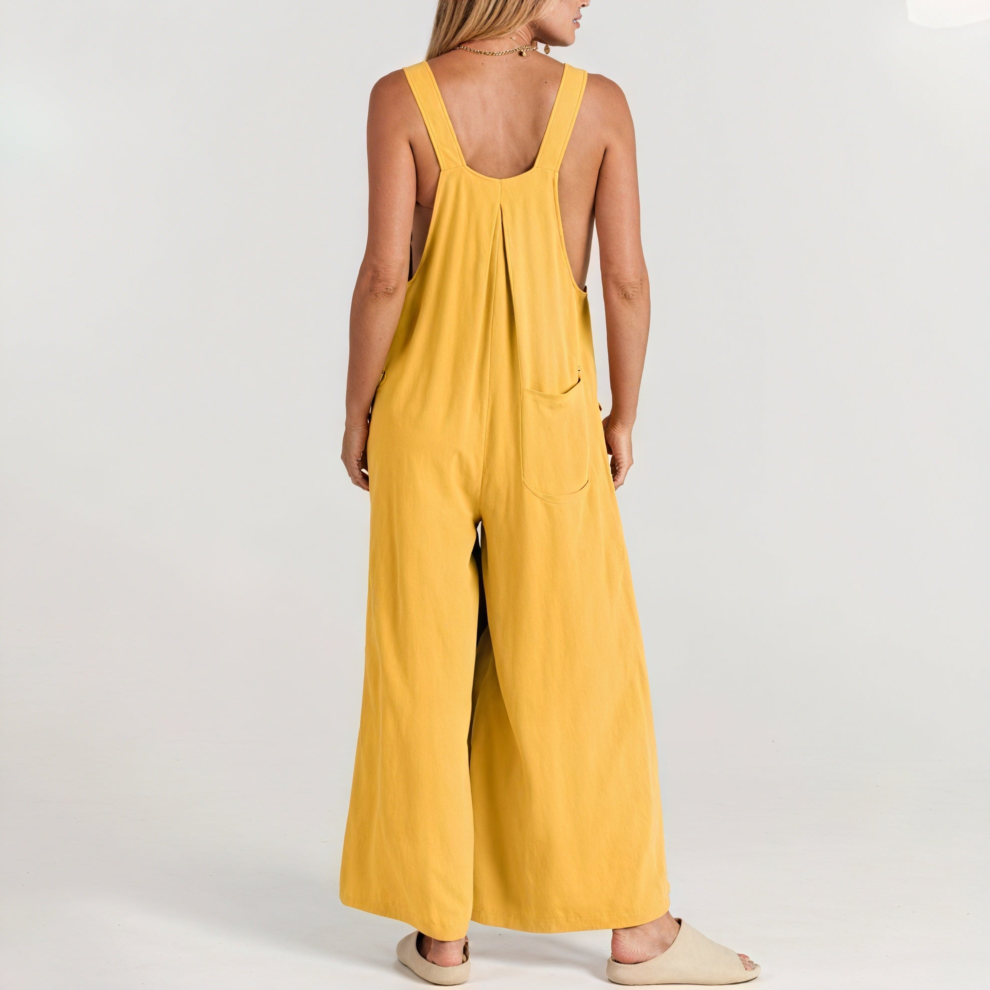 Women's Wide-Leg Jumpsuit – Sleeveless, Buttoned Straps, Pockets, Lightweight Blend, Bohemian Style-82694-3621130b-152c-4d03-93f1-7d722a74f5b7