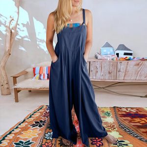 Women's Wide-Leg Jumpsuit – Sleeveless, Buttoned Straps, Pockets, Lightweight Blend, Bohemian Style-82694-4b2910d9-5528-480c-85c6-1b2b77347e98