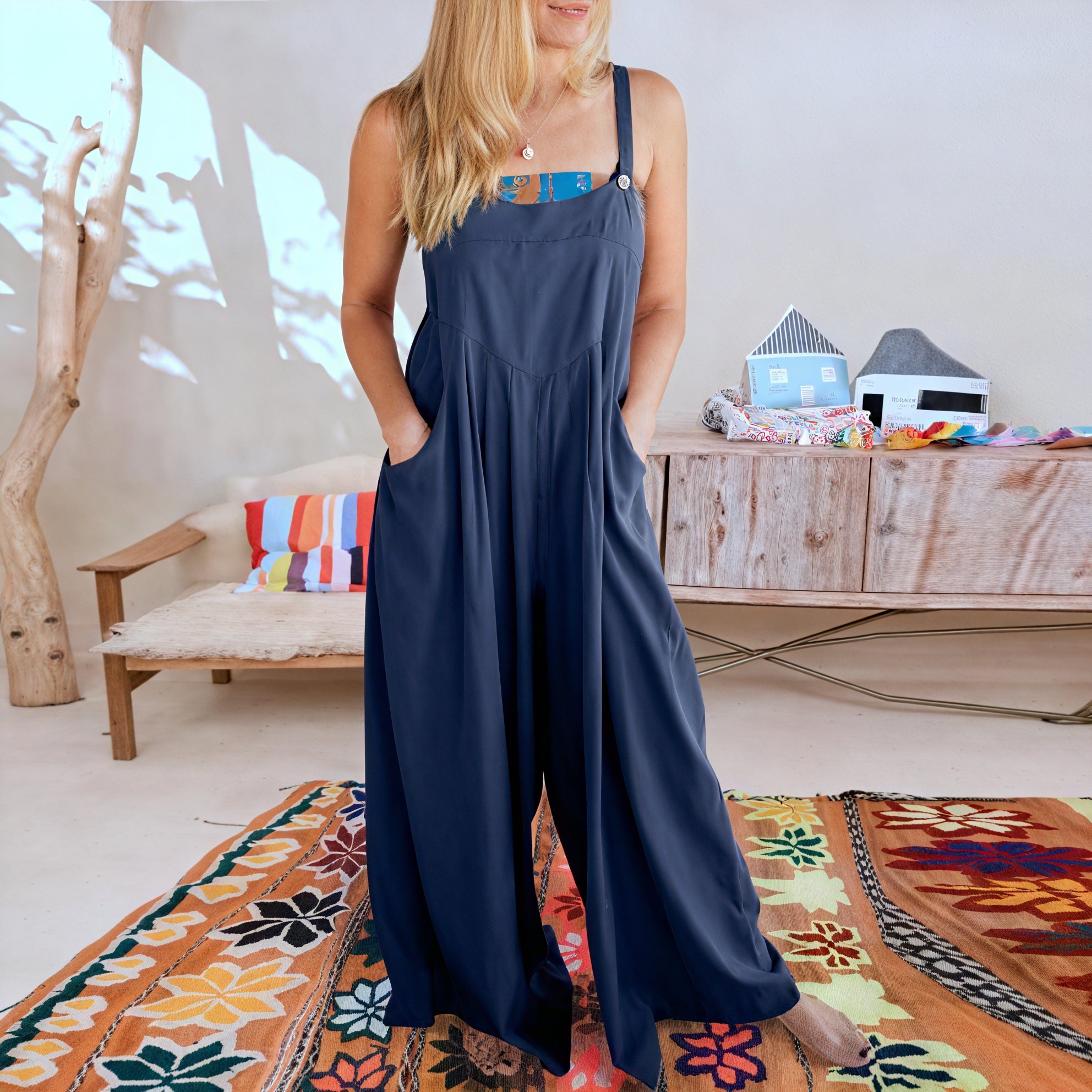 Women's Wide-Leg Jumpsuit – Sleeveless, Buttoned Straps, Pockets, Lightweight Blend, Bohemian Style-82694-4b2910d9-5528-480c-85c6-1b2b77347e98