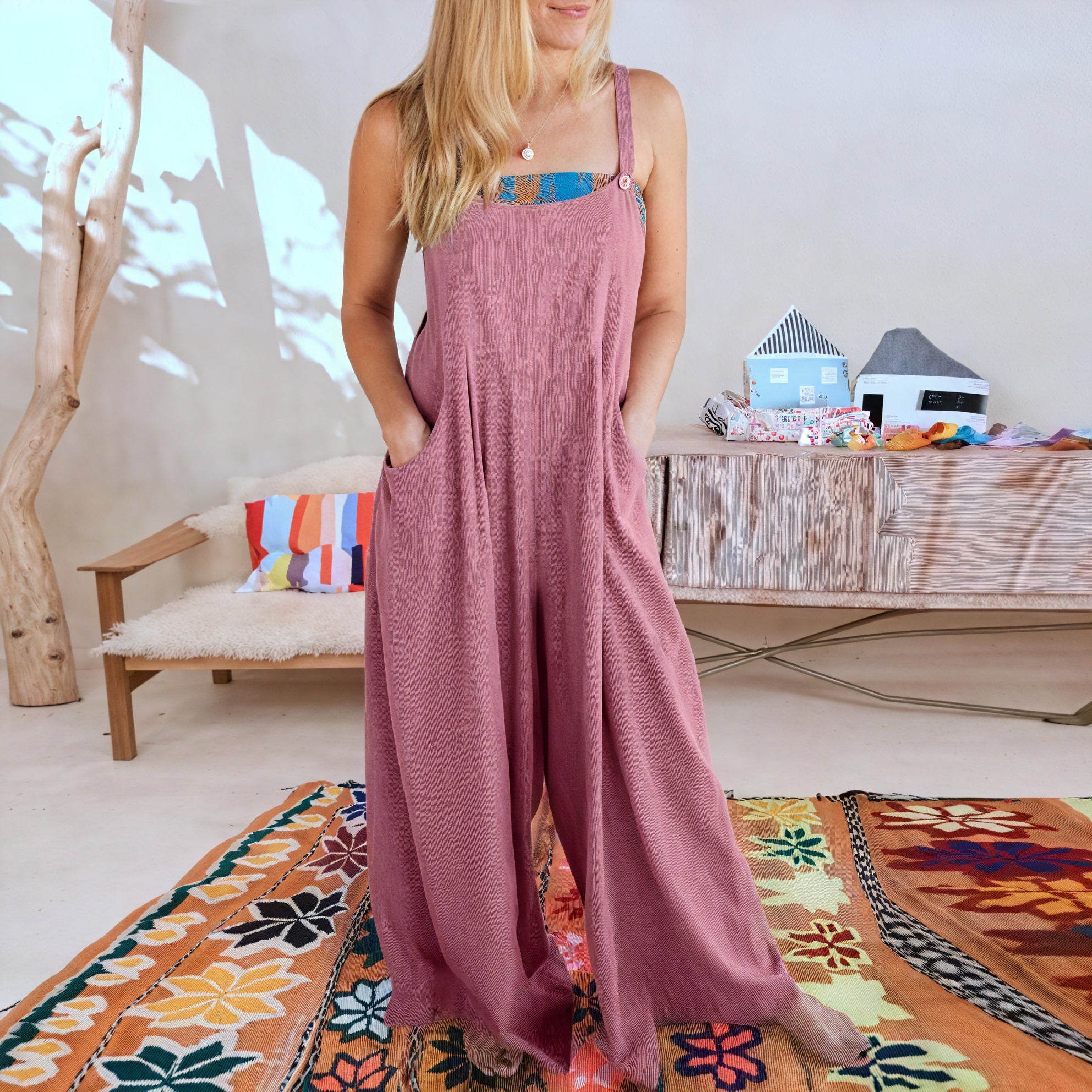 Women's Wide-Leg Jumpsuit – Sleeveless, Buttoned Straps, Pockets, Lightweight Blend, Bohemian Style-82694-1436498e-b9e0-4f26-b125-403d04454b02