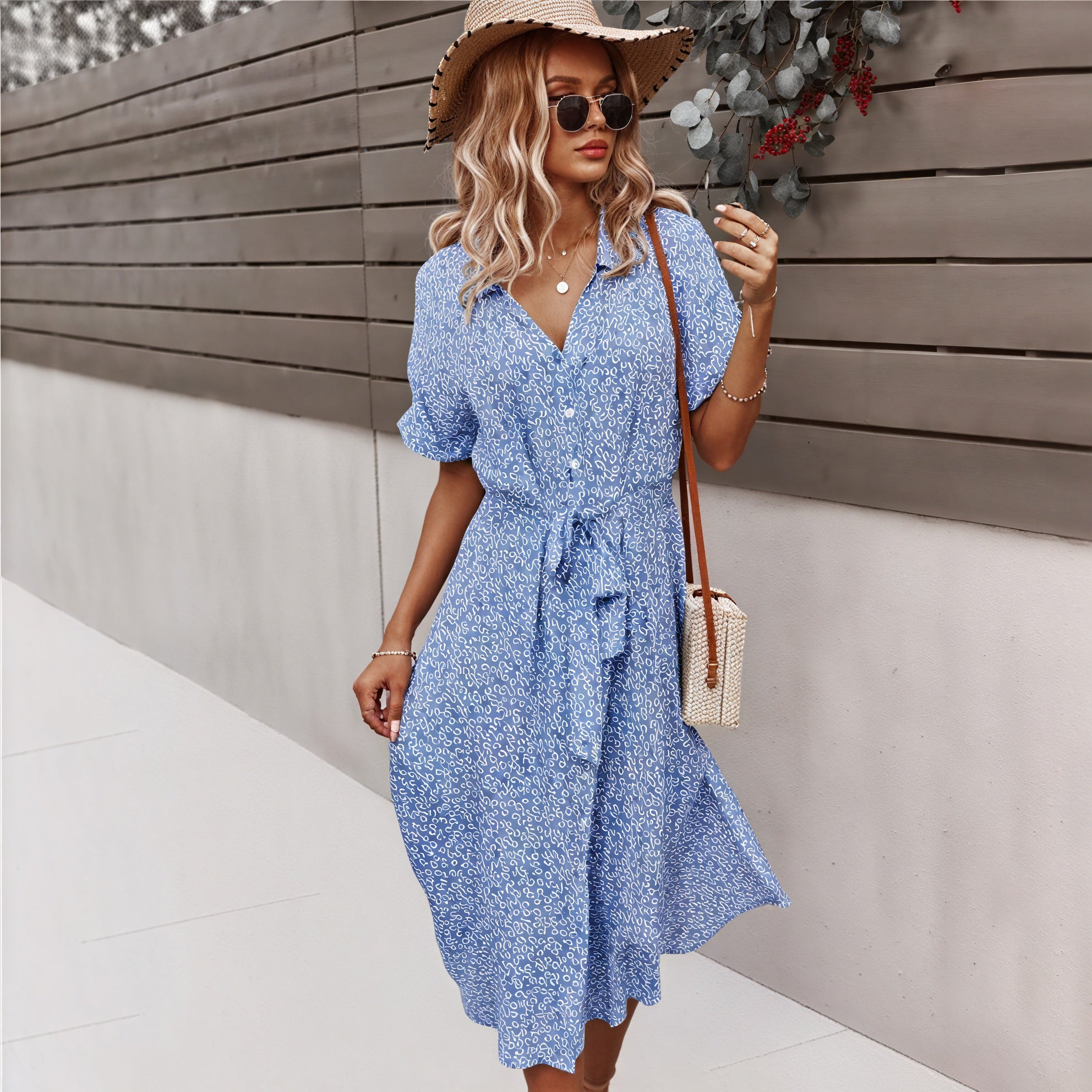 Women's Midi Dress – Floral Print, Button-Down, Tie Waist, Short Sleeve, Cotton Blend, Bohemian Style-82725-8b9fefd6-d24f-4ef5-8024-e0137fd9eb8e