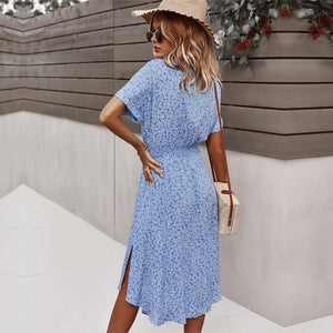 Women's Midi Dress – Floral Print, Button-Down, Tie Waist, Short Sleeve, Cotton Blend, Bohemian Style-82725-21d05f77-d864-4da7-8948-c0ce8319d245