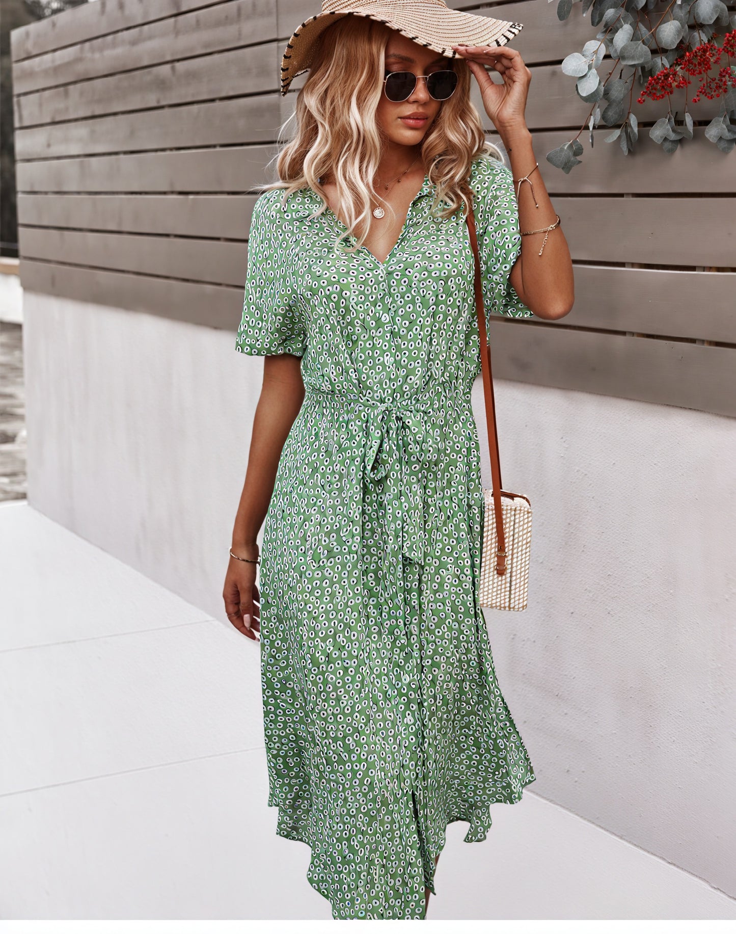 Women's Midi Dress – Floral Print, Button-Down, Tie Waist, Short Sleeve, Cotton Blend, Bohemian Style-82725-775f652d-d149-404c-8a5b-c033e8ea9416