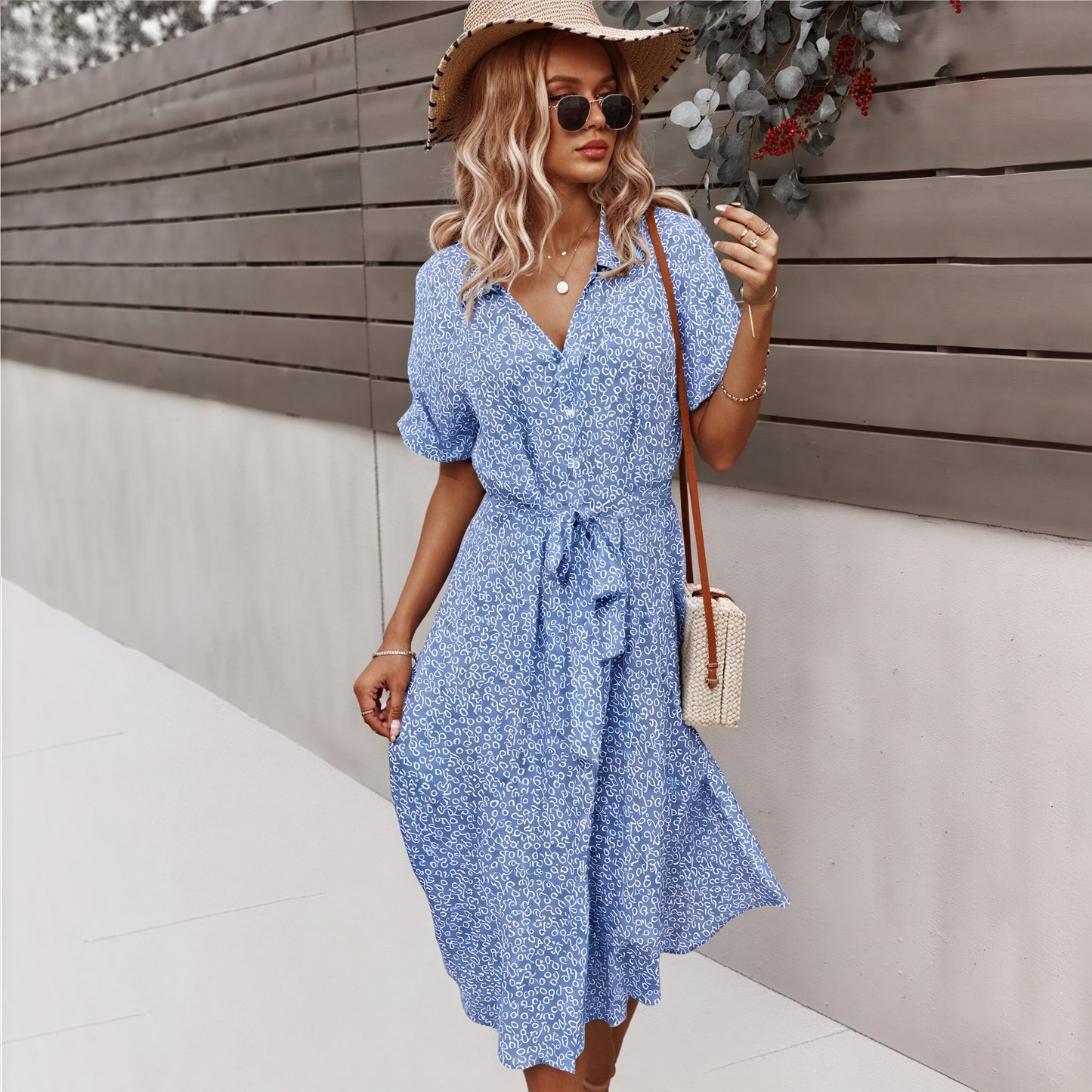 Women's Midi Dress – Floral Print, Button-Down, Tie Waist, Short Sleeve, Cotton Blend, Bohemian Style-82725-5e99d56f-3d28-4a8d-af10-3f59b4188656