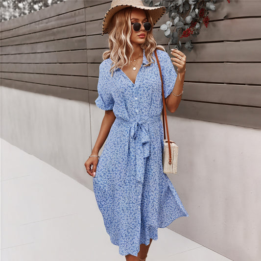 Women's Midi Dress – Floral Print, Button-Down, Tie Waist, Short Sleeve, Cotton Blend, Bohemian Style-82725-5e99d56f-3d28-4a8d-af10-3f59b4188656