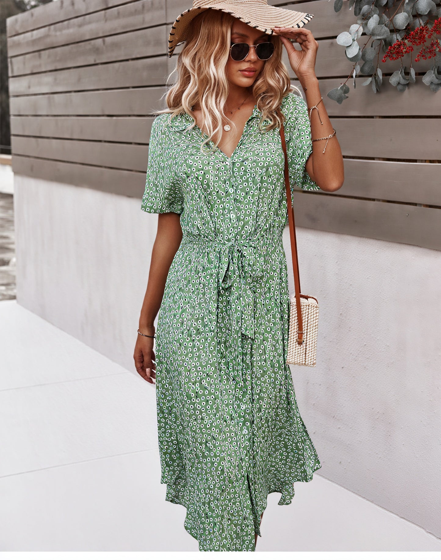 Women's Midi Dress – Floral Print, Button-Down, Tie Waist, Short Sleeve, Cotton Blend, Bohemian Style-82725-907d2c45-4161-43f8-961c-a76d6462702a