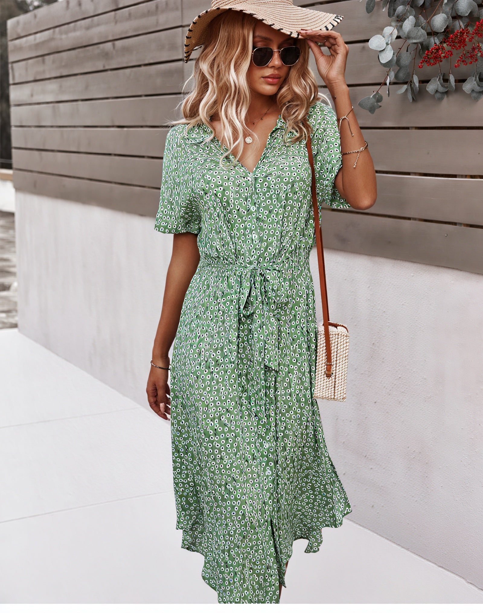 Women's Midi Dress – Floral Print, Button-Down, Tie Waist, Short Sleeve, Cotton Blend, Bohemian Style-82725-907d2c45-4161-43f8-961c-a76d6462702a
