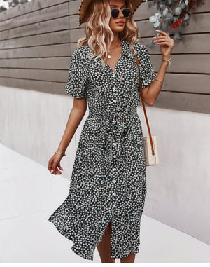 Women's Midi Dress – Floral Print, Button-Down, Tie Waist, Short Sleeve, Cotton Blend, Bohemian Style-82725-e2ecdeef-63b3-4a22-baf1-5f1c83e2af19