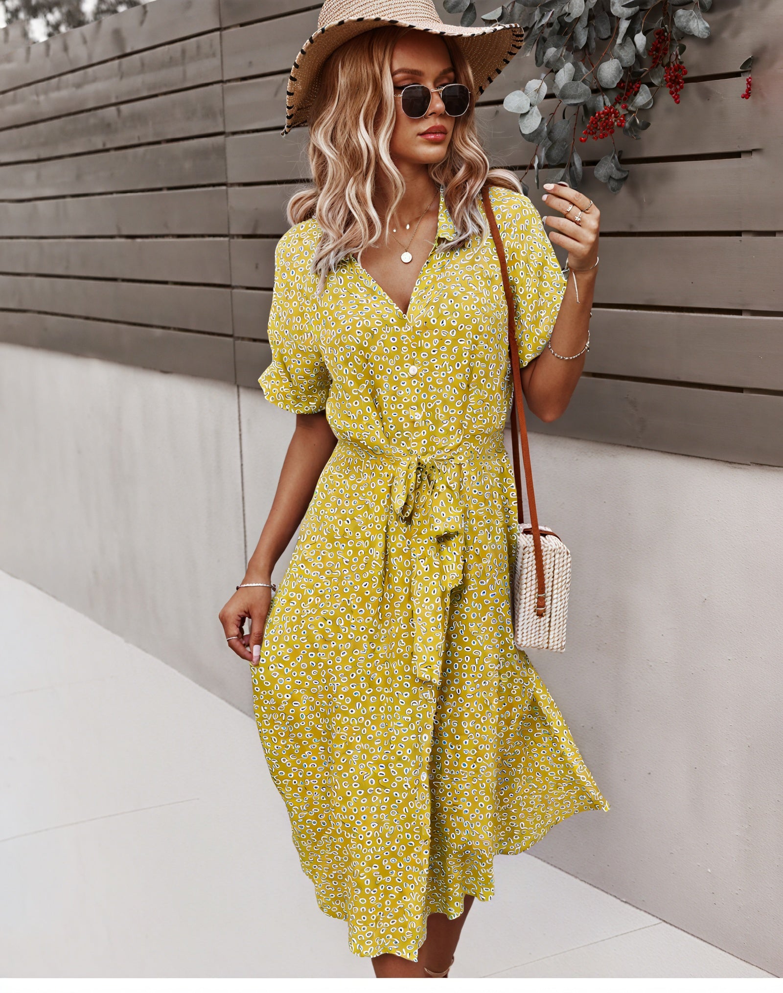 Women's Midi Dress – Floral Print, Button-Down, Tie Waist, Short Sleeve, Cotton Blend, Bohemian Style-82725-766e4d36-38c1-4f9c-90a7-a4817a761051