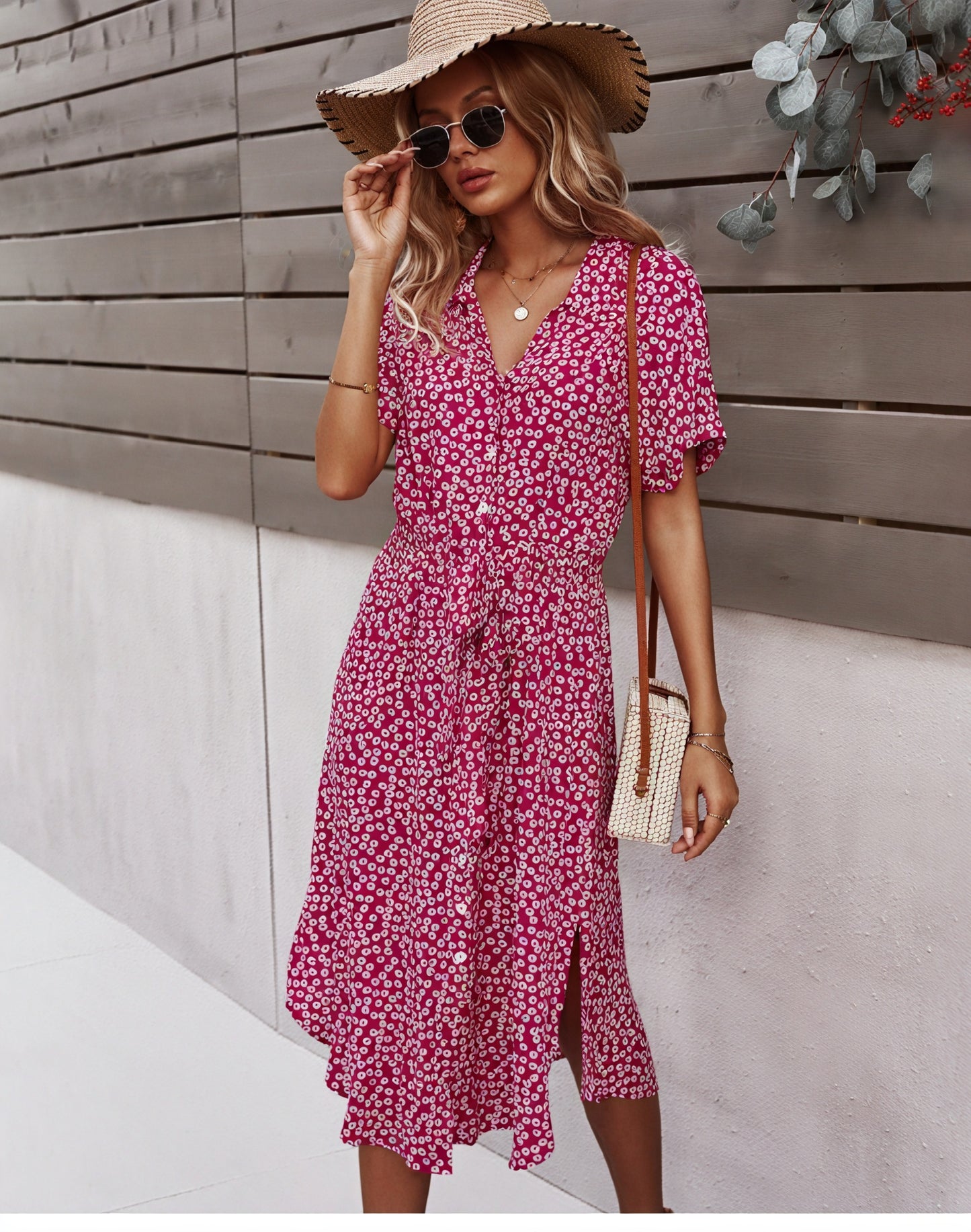 Women's Midi Dress – Floral Print, Button-Down, Tie Waist, Short Sleeve, Cotton Blend, Bohemian Style-82725-dc4694de-c889-4055-b8bd-4655e85c6eb6