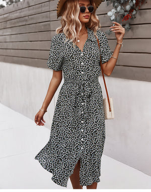 Women's Midi Dress – Floral Print, Button-Down, Tie Waist, Short Sleeve, Cotton Blend, Bohemian Style-82725-7e3e8cd3-a74d-476f-83d7-ee582f7c2dad