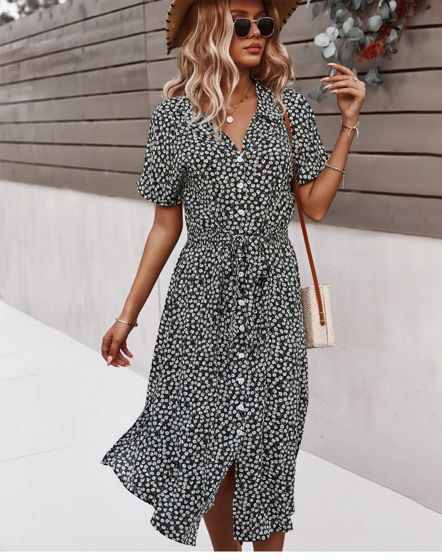 Women's Midi Dress – Floral Print, Button-Down, Tie Waist, Short Sleeve, Cotton Blend, Bohemian Style-82725-7e3e8cd3-a74d-476f-83d7-ee582f7c2dad