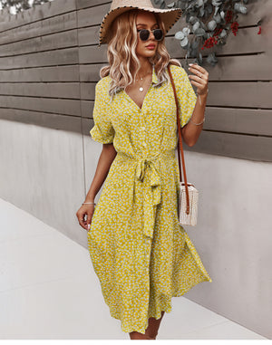 Women's Midi Dress – Floral Print, Button-Down, Tie Waist, Short Sleeve, Cotton Blend, Bohemian Style-82725-d8634641-2830-4bde-b54b-9d605caceb9a