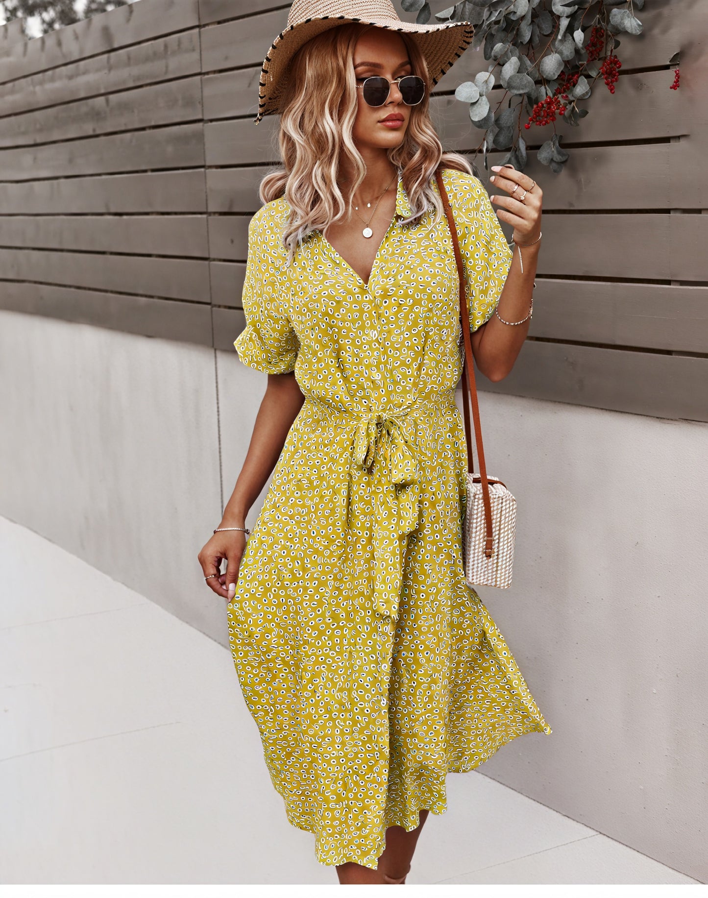 Women's Midi Dress – Floral Print, Button-Down, Tie Waist, Short Sleeve, Cotton Blend, Bohemian Style-82725-d8634641-2830-4bde-b54b-9d605caceb9a