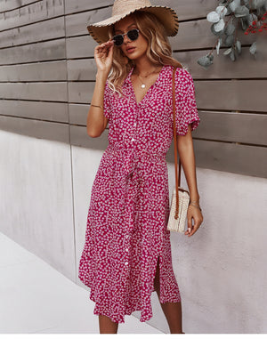 Women's Midi Dress – Floral Print, Button-Down, Tie Waist, Short Sleeve, Cotton Blend, Bohemian Style-82725-189b04c8-6e23-491c-8db0-6df5258397d0