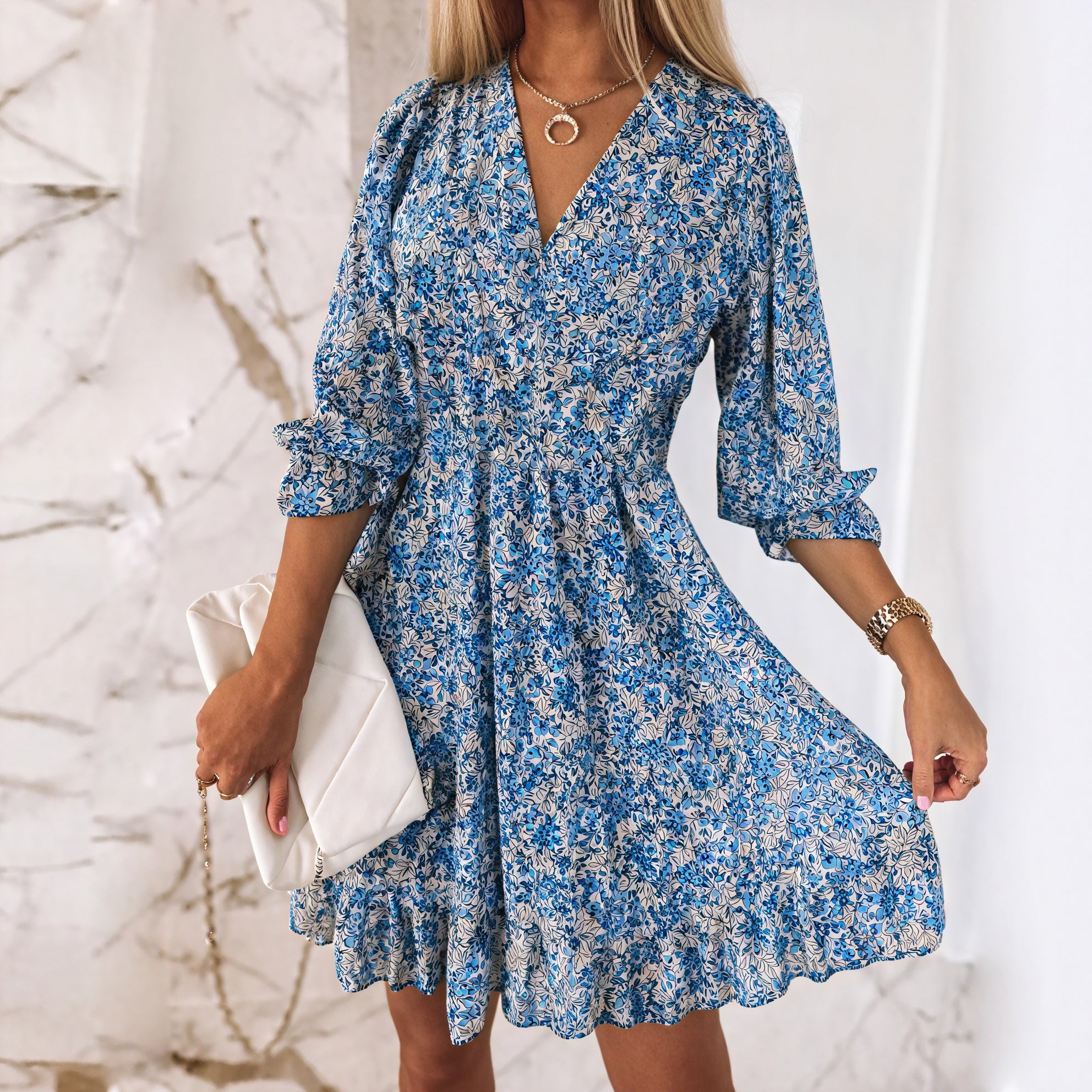Women's Floral Mini Dress – Puffed Sleeve, V-Neck, Ruffled Hem, Lightweight-82730-092d37a4-a1ae-4899-9903-0747110065d6