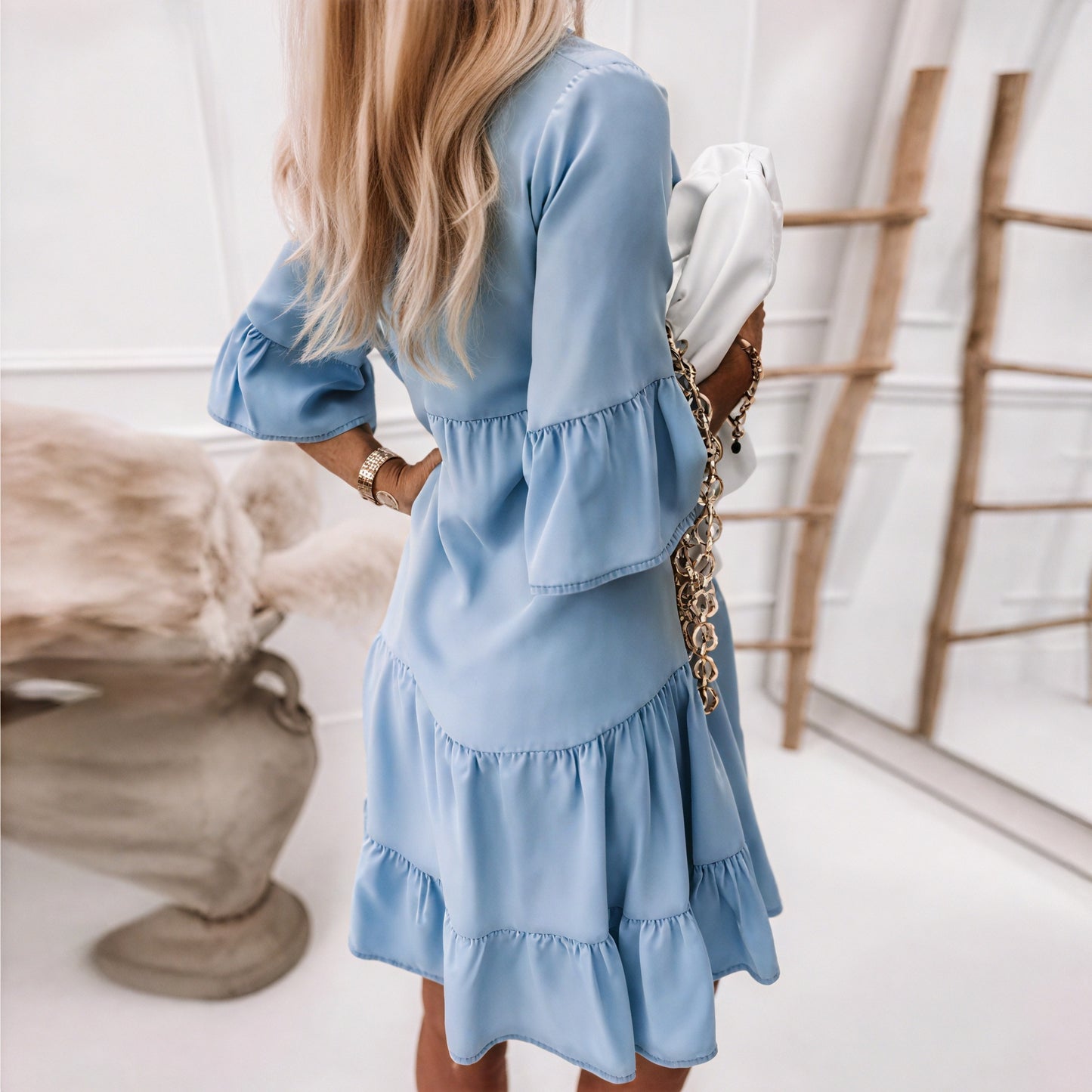 Women's Light Blue Denim Mini Dress with Ruffle Sleeves & Tiered Skirt-82731-1b7c448a-3f8b-4056-9776-2d9497b1d551
