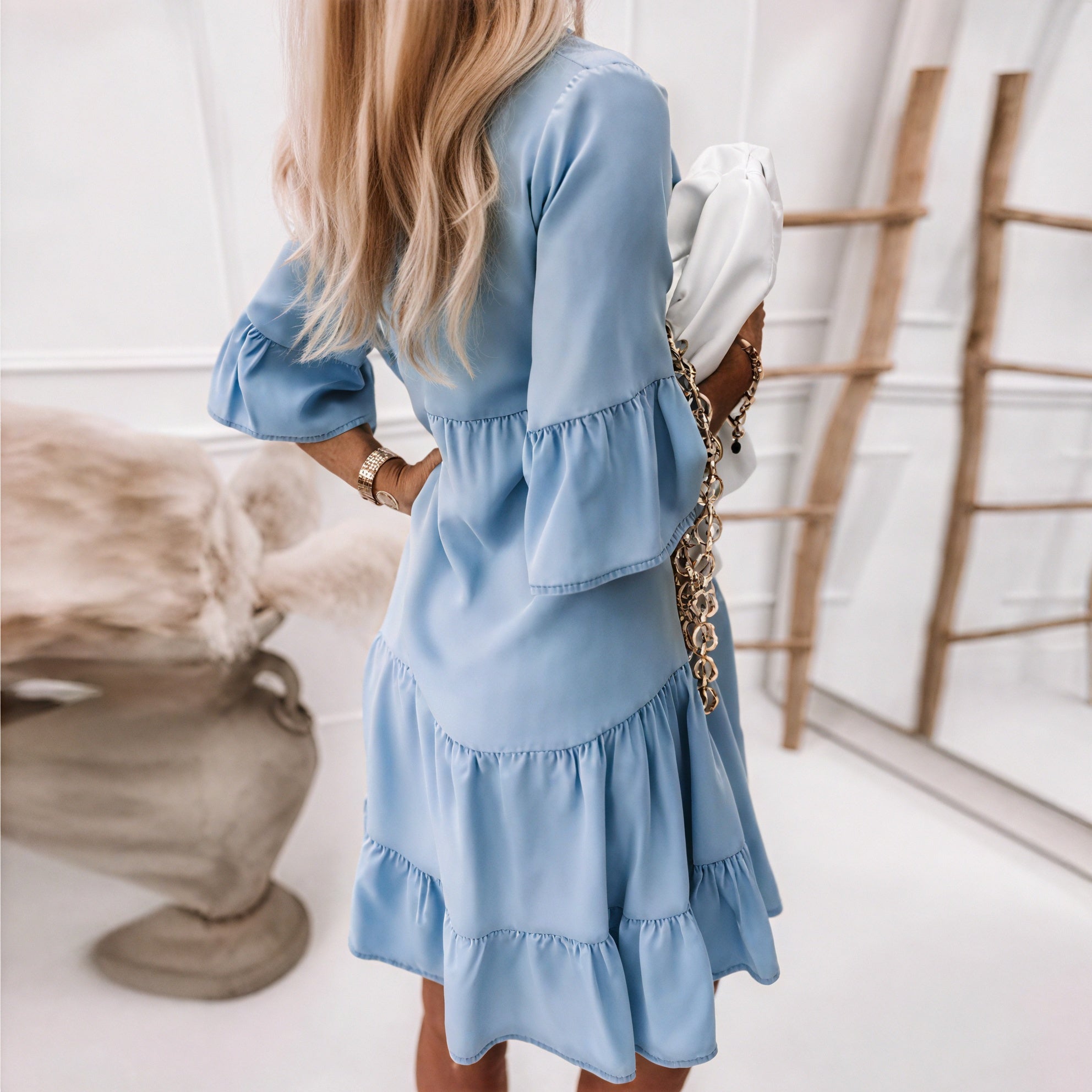 Women's Light Blue Denim Mini Dress with Ruffle Sleeves & Tiered Skirt-82731-1b7c448a-3f8b-4056-9776-2d9497b1d551