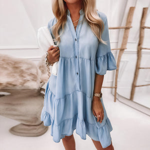 Women's Light Blue Denim Mini Dress with Ruffle Sleeves & Tiered Skirt-82731-076a6322-ce1c-4eaf-8783-35fe0079da5c