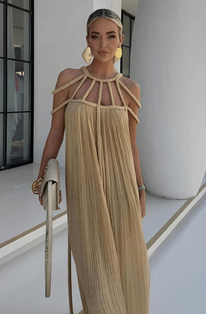 Women's Halter Maxi Dress – Braided Rope & Strap Detail, Flowing, Black/Beige-83000-491e2ad9-ddca-420c-a442-c4d67dc5fd08