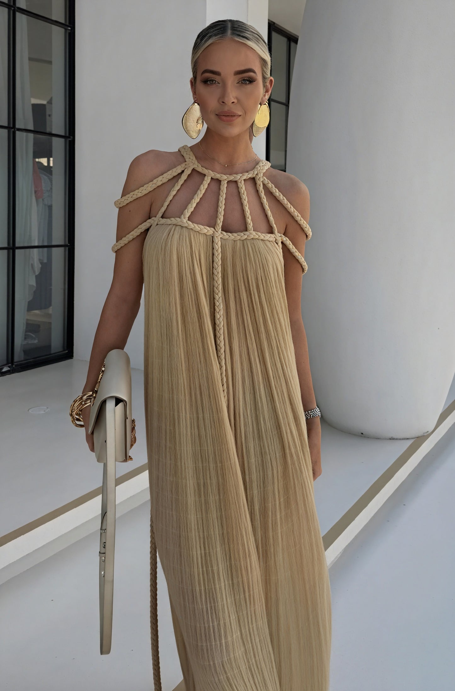 Women's Halter Maxi Dress – Braided Rope & Strap Detail, Flowing, Black/Beige-83000-491e2ad9-ddca-420c-a442-c4d67dc5fd08