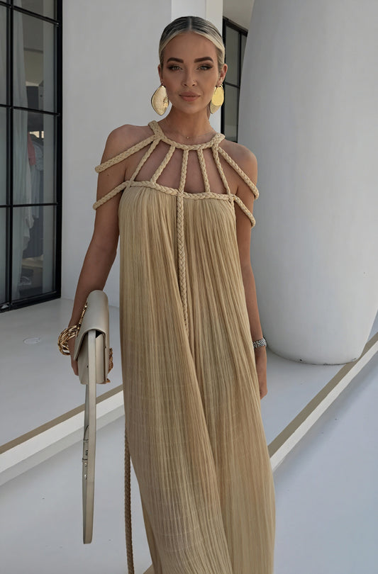 Women's Halter Maxi Dress – Braided Rope & Strap Detail, Flowing, Black/Beige-83000-491e2ad9-ddca-420c-a442-c4d67dc5fd08