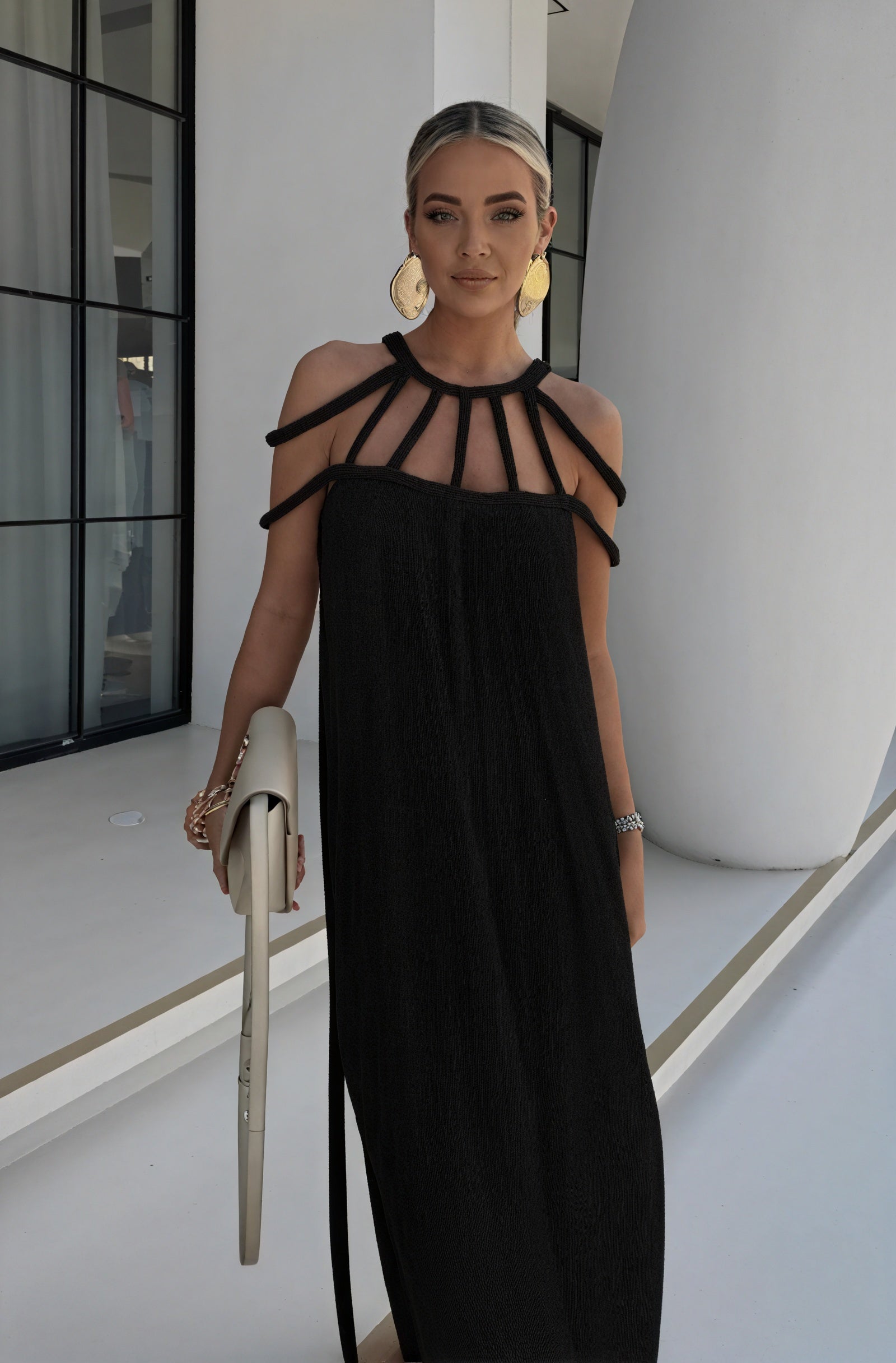 Women's Halter Maxi Dress – Braided Rope & Strap Detail, Flowing, Black/Beige-83000-26cb404a-b37c-4956-b8cf-62a7c2c090e3