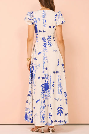 Women's Midi Dress – Blue White Print, V-Neck, Puffed Sleeves, Pockets, Cotton Blend, Bohemian-83005-671a6d4a-7a6e-401b-961b-6b1e59a37645
