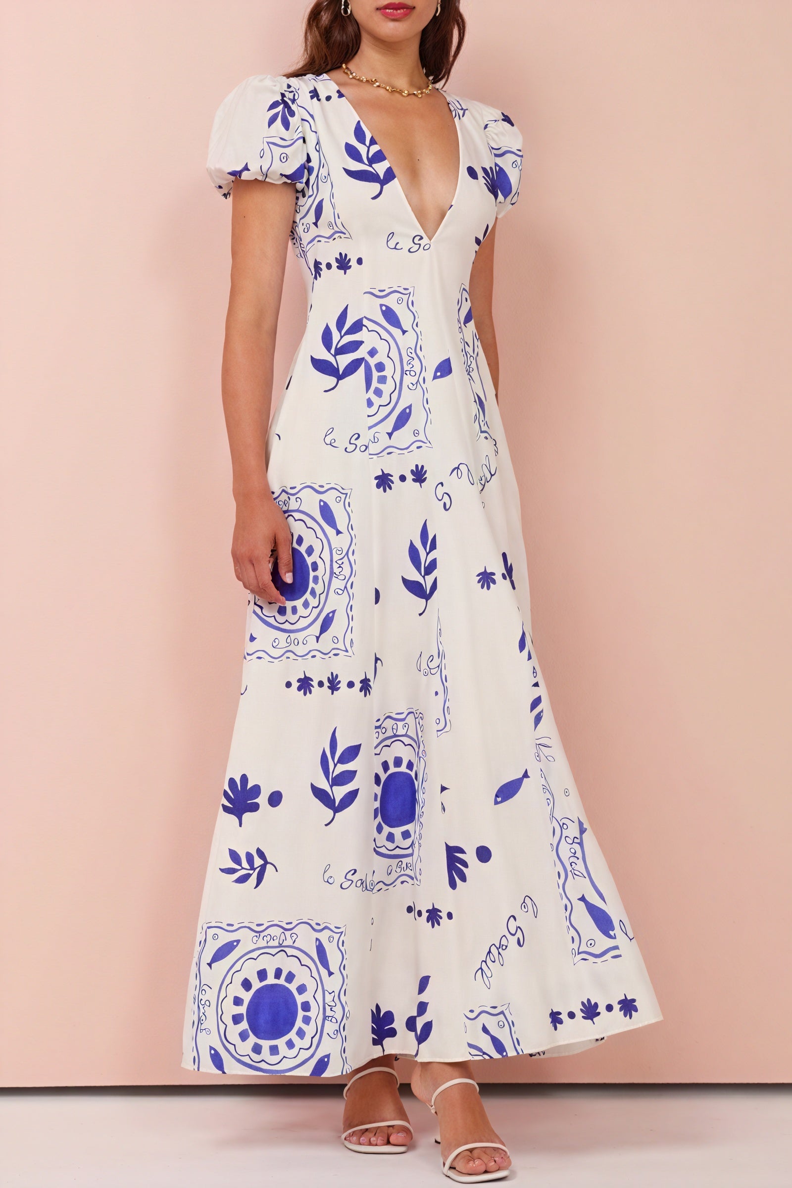 Women's Midi Dress – Blue White Print, V-Neck, Puffed Sleeves, Pockets, Cotton Blend, Bohemian-83005-c07115d9-b382-4785-9365-2413cea52729