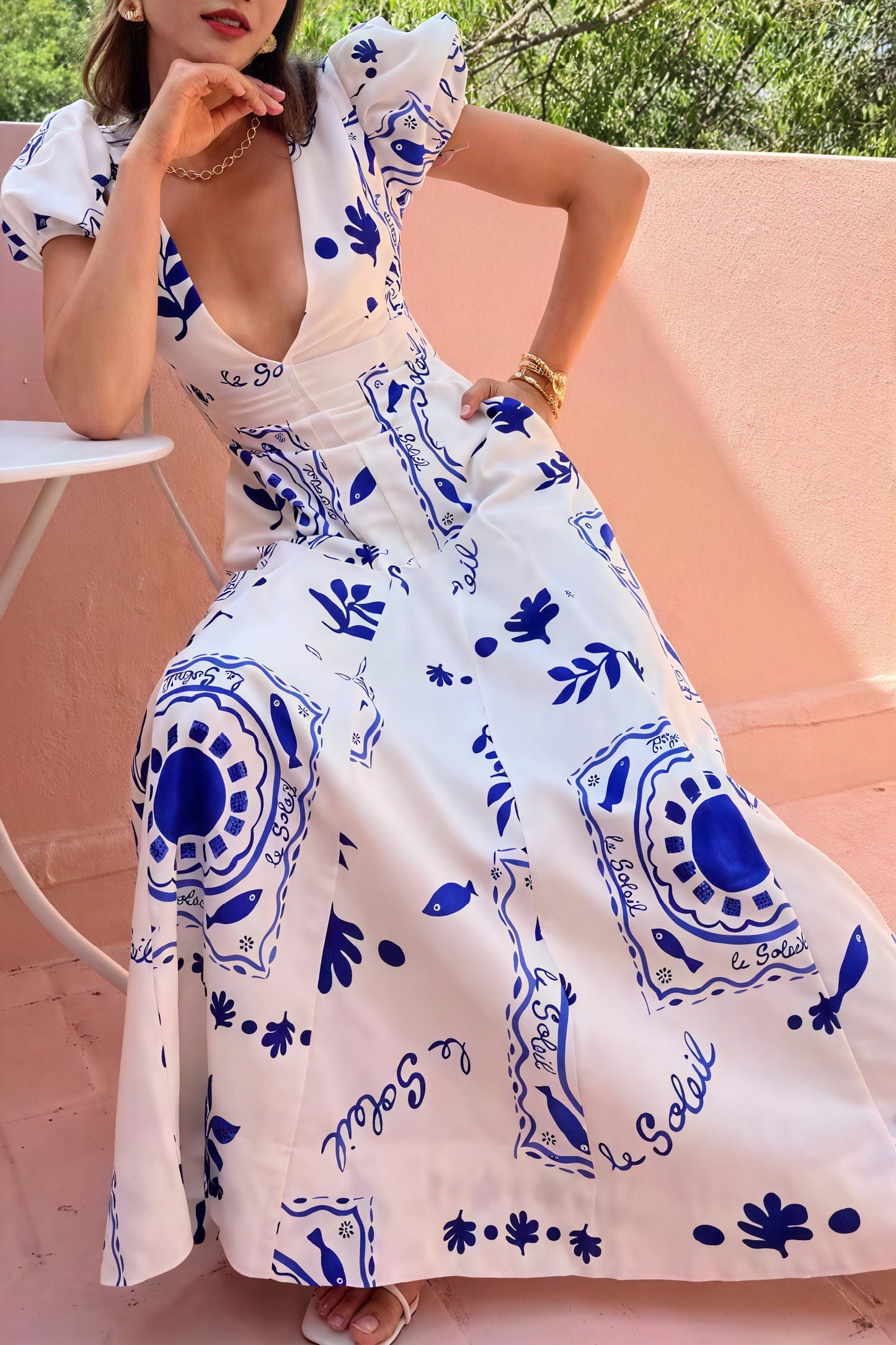Women's Midi Dress – Blue White Print, V-Neck, Puffed Sleeves, Pockets, Cotton Blend, Bohemian-83005-1b030b8c-5464-450c-9f59-49a38d3843ce