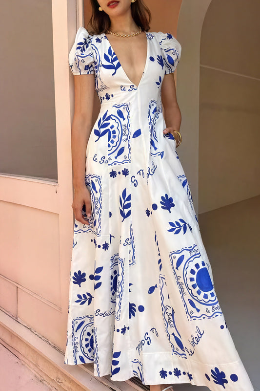 Women's Midi Dress – Blue White Print, V-Neck, Puffed Sleeves, Pockets, Cotton Blend, Bohemian-83005-08a53ae0-2dec-4896-a779-ce183043b7cc