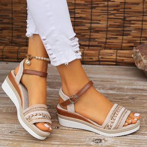 Women's Beige Wedge Sandals – Embellished Straps, Woven Detailing, Faux Leather-83010-36cabebd-1c6f-460e-bf4a-0d6c8bec7219