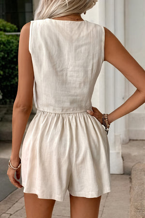 Women's Linen Suit Set – Off-White V-Neck Vest & High-Waisted Shorts, Relaxed Fit-83015-34020b3d-12aa-4998-a194-6a2620e0880e