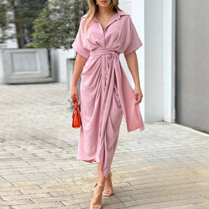 Women's Flowing Collared Button-Front Midi Dress – Draped, Asymmetrical Hem, Waist Tie, Lightweight-83075-ad9a0da7-5d2e-4326-bc9f-af027e011316