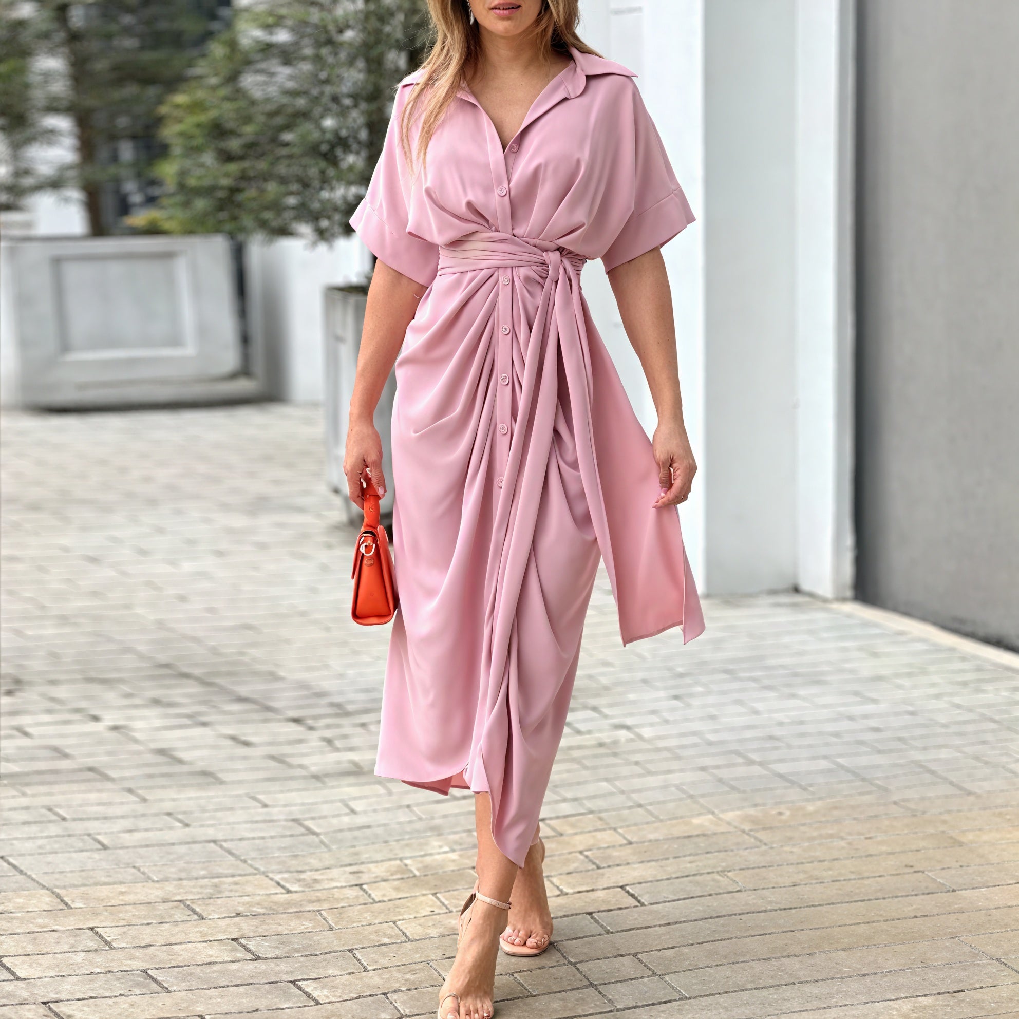 Women's Flowing Collared Button-Front Midi Dress – Draped, Asymmetrical Hem, Waist Tie, Lightweight-83075-ad9a0da7-5d2e-4326-bc9f-af027e011316