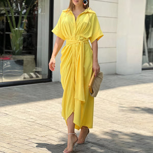 Women's Flowing Collared Button-Front Midi Dress – Draped, Asymmetrical Hem, Waist Tie, Lightweight-83075-37ba5c4b-3e1e-418c-a0c5-d3c106517a3a