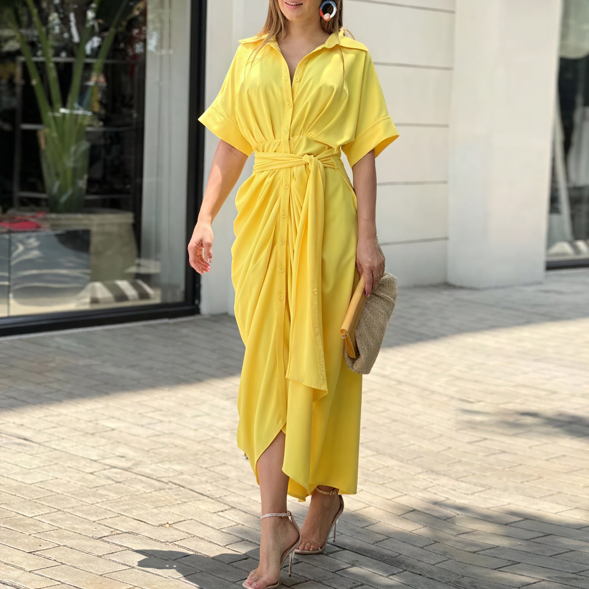 Women's Flowing Collared Button-Front Midi Dress – Draped, Asymmetrical Hem, Waist Tie, Lightweight-83075-37ba5c4b-3e1e-418c-a0c5-d3c106517a3a
