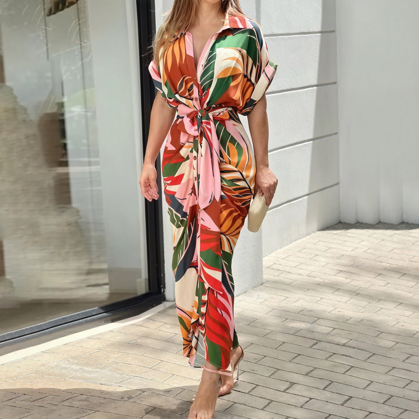 Women's Flowing Collared Button-Front Midi Dress – Draped, Asymmetrical Hem, Waist Tie, Lightweight-83075-1a58ac01-6d4f-4ad5-ba78-9e6c0afb68b0