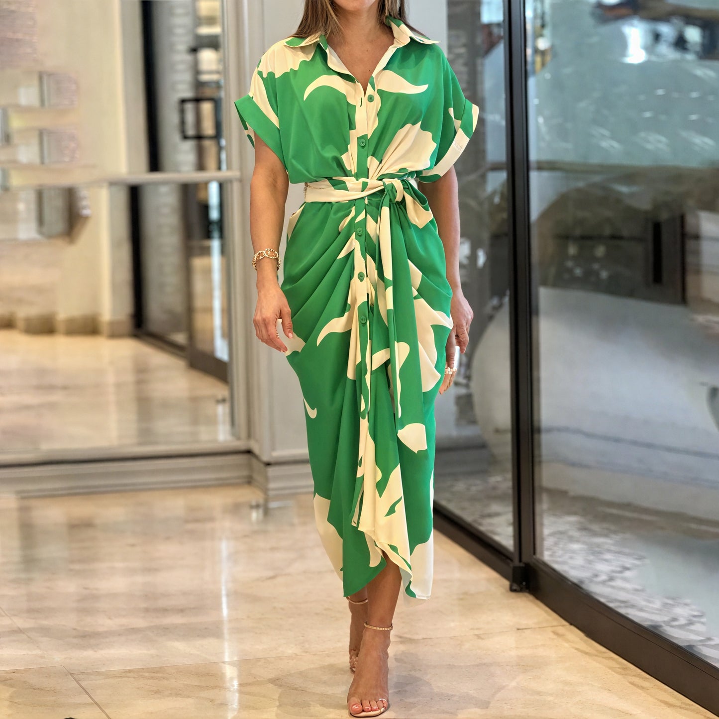 Women's Flowing Collared Button-Front Midi Dress – Draped, Asymmetrical Hem, Waist Tie, Lightweight-83075-b599a2c2-3e5b-4fa1-a849-c8a09e62b83e