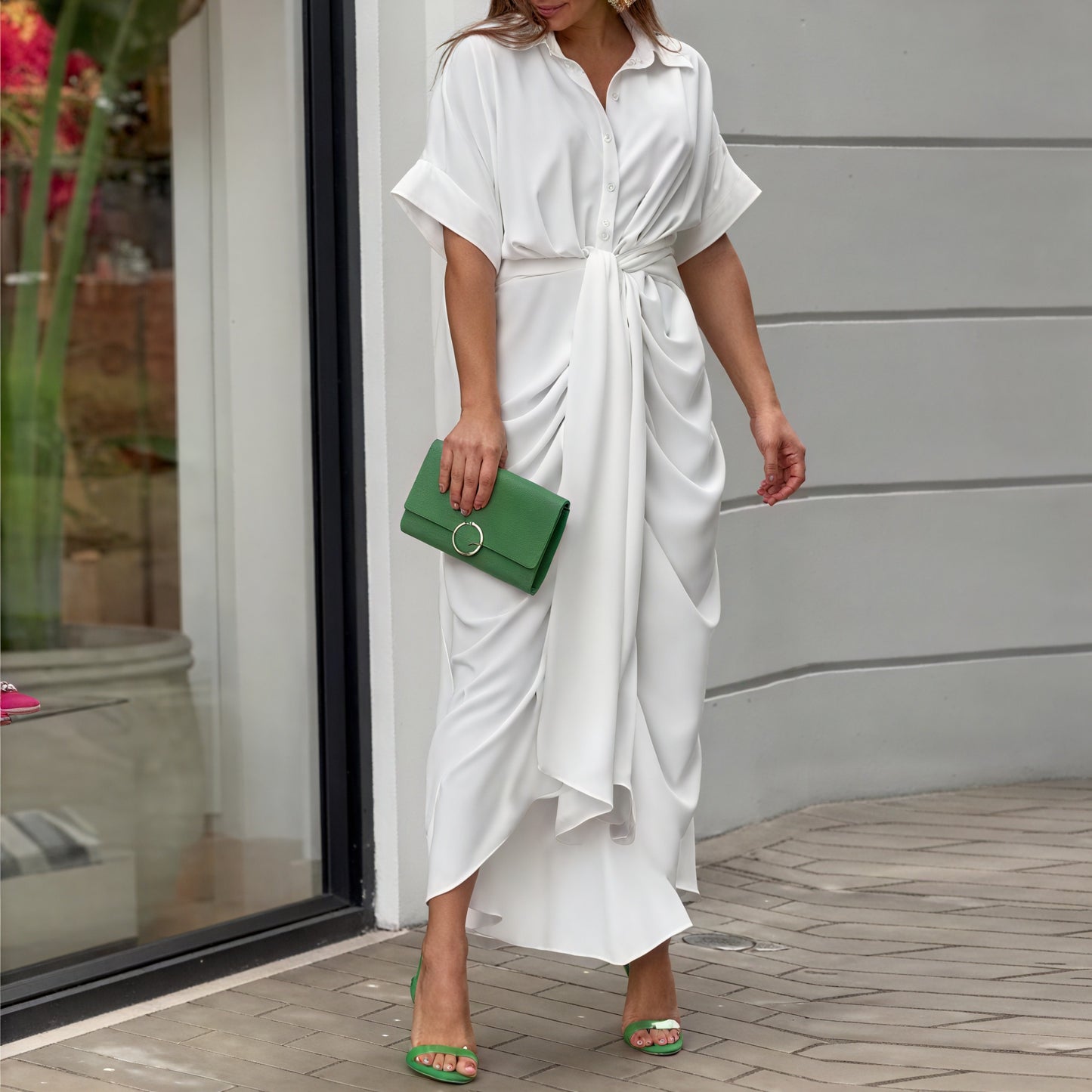 Women's Flowing Collared Button-Front Midi Dress – Draped, Asymmetrical Hem, Waist Tie, Lightweight-83075-f27405aa-0fcb-4b53-9001-55315100ad53