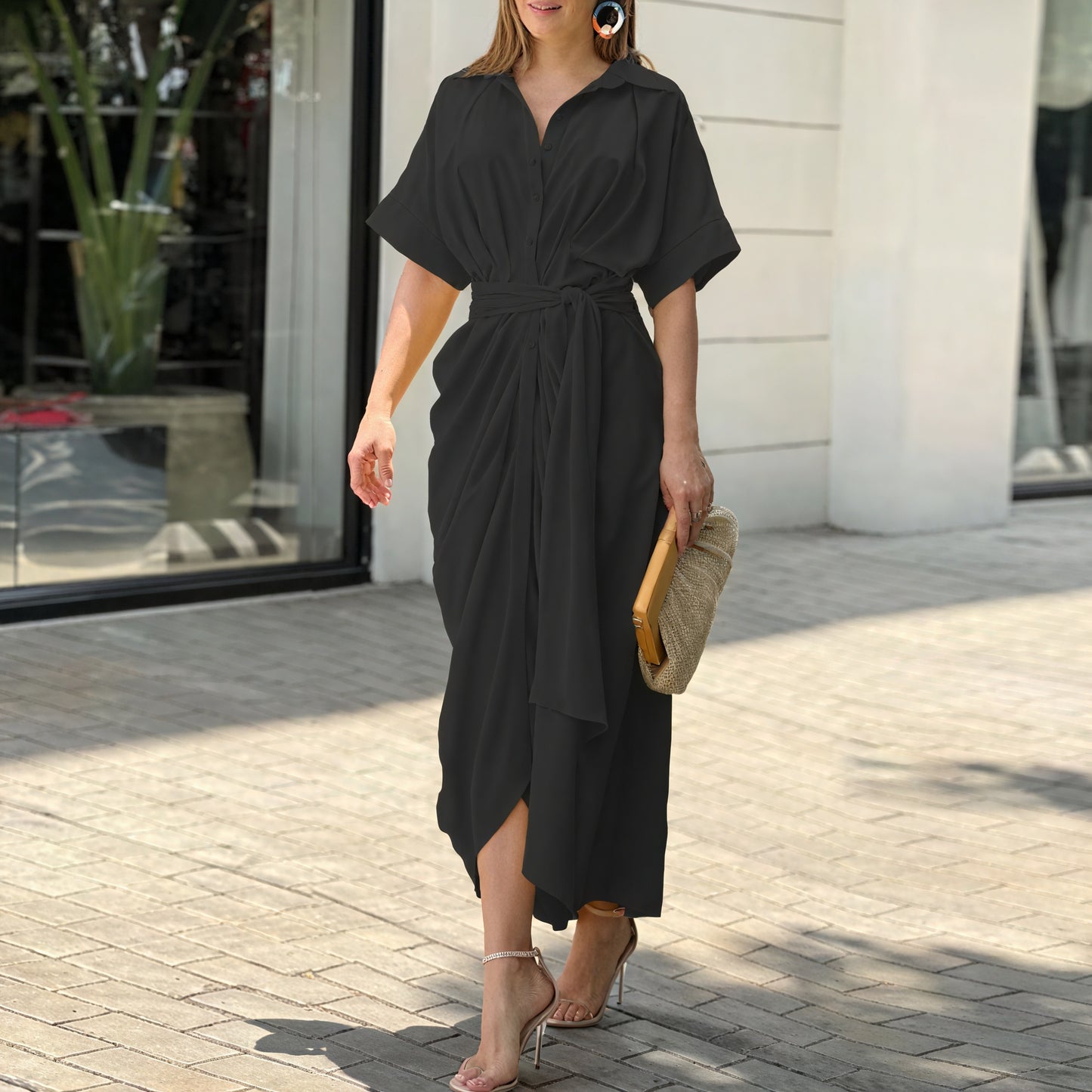 Women's Flowing Collared Button-Front Midi Dress – Draped, Asymmetrical Hem, Waist Tie, Lightweight-83075-3e4e7d95-1b8b-47b6-a936-05f8097b1349